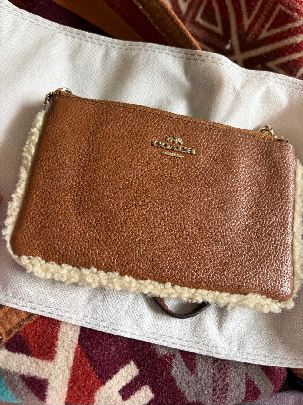 Coach Brown Shearling-Trim Leather Wristlet